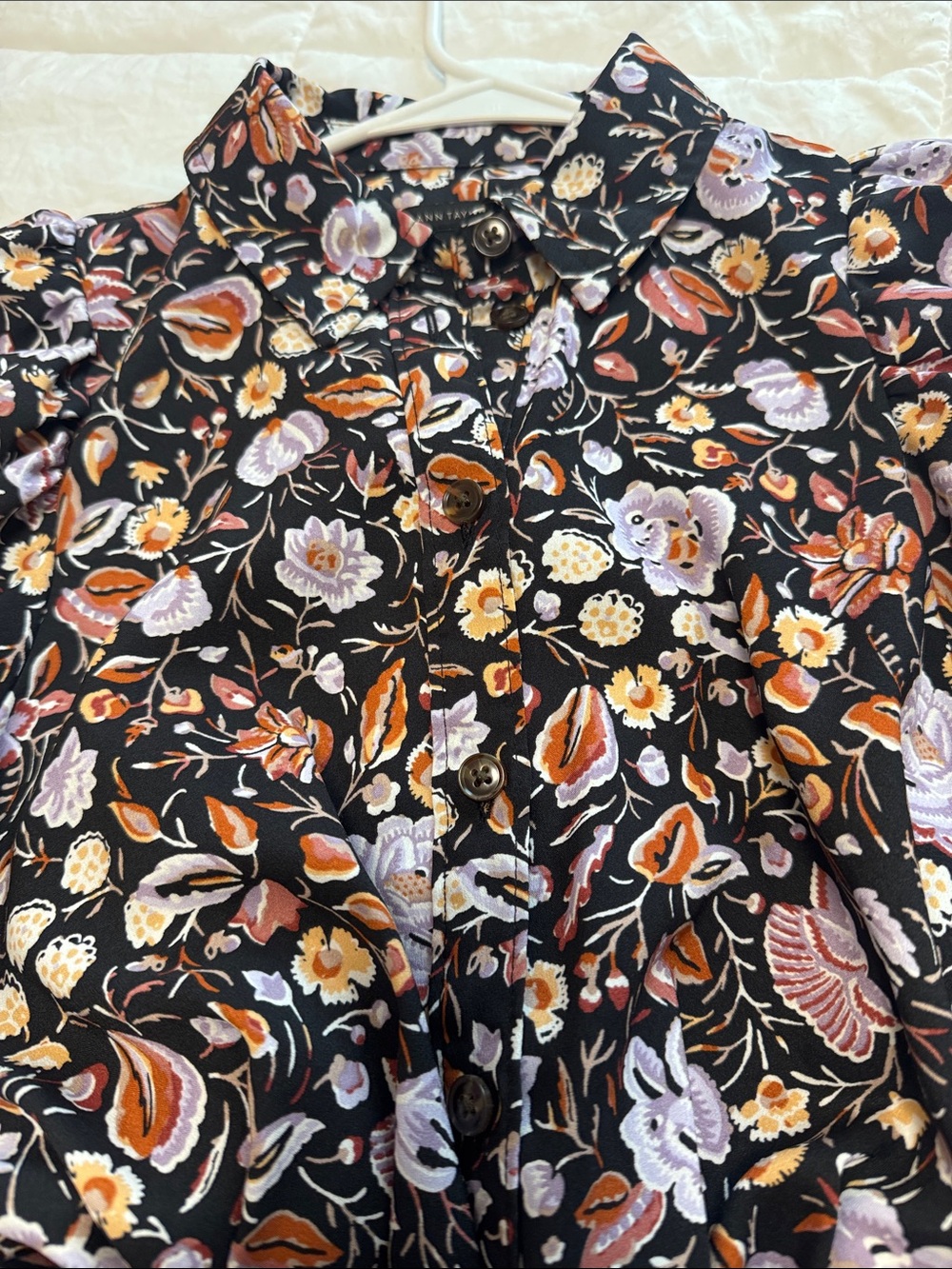 Ann Taylor Black Floral Long-Sleeve Shirt Dress with Puff Sleeves - Picture 5 of 5